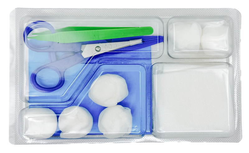 Set de pansement avec pinces, ciseaux et compresses – Carton de 5 sets