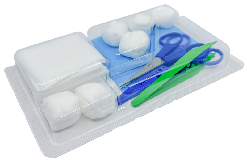 Set de pansement avec pinces, ciseaux et compresses – Carton de 5 sets