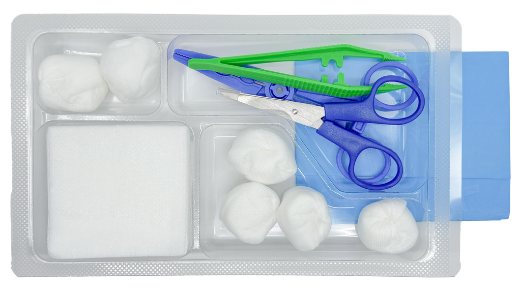 Set de pansement avec pinces, ciseaux et compresses – Carton de 5 sets