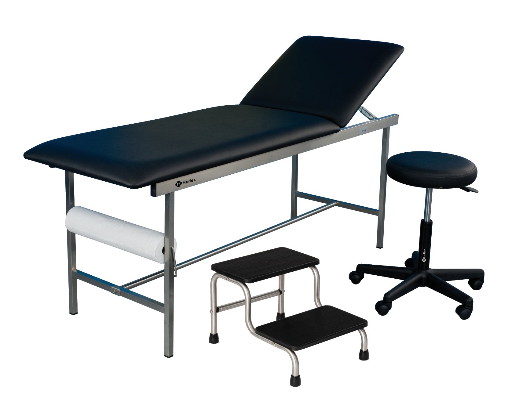 divan d'examen fixe inox avec tabouret et marche pieds