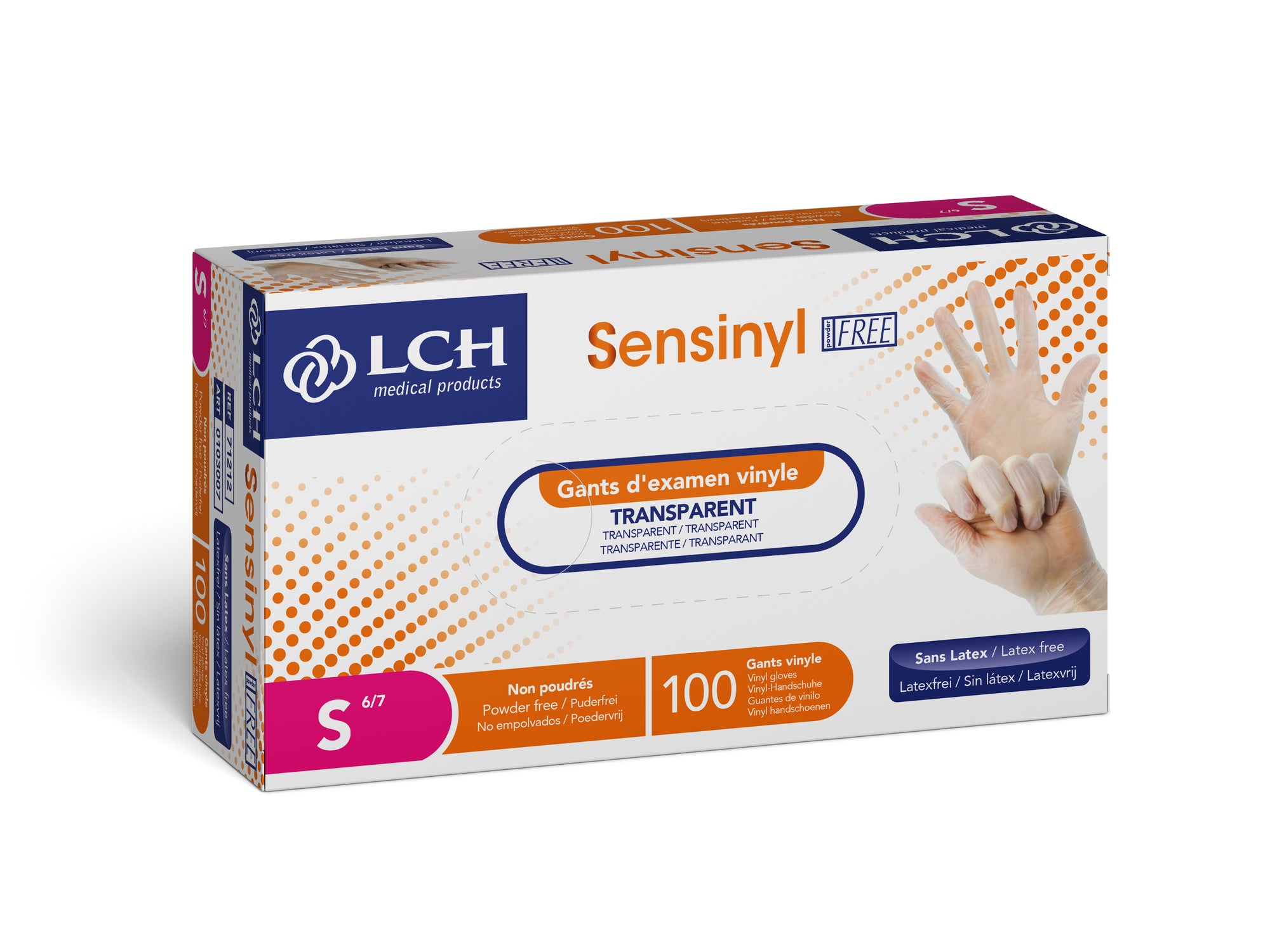 Gants d'examen vinyle Sensinyl Free non poudrés, non stériles – Boîte de 100 – Taille S 6/7