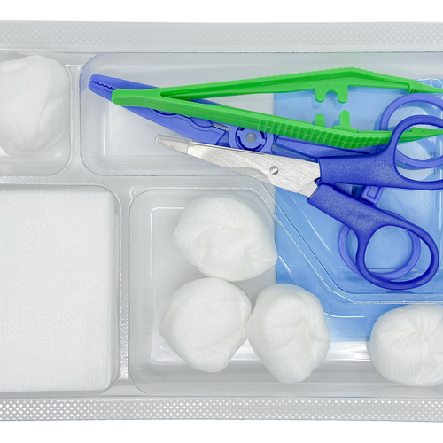 Set de pansement avec pinces, ciseaux et compresses – Carton de 5 sets