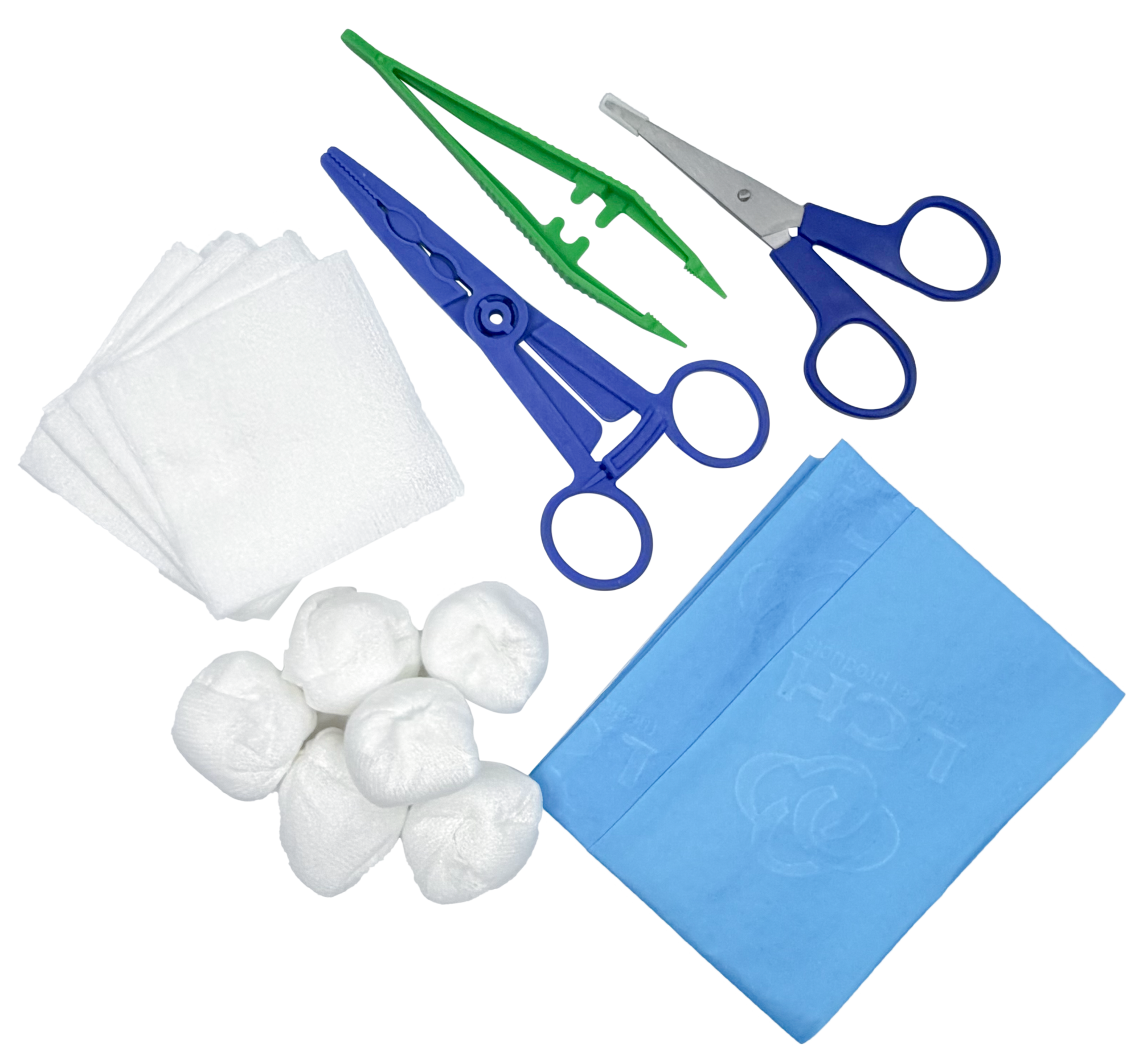 Set de pansement avec pinces, ciseaux et compresses – Carton de 5 sets