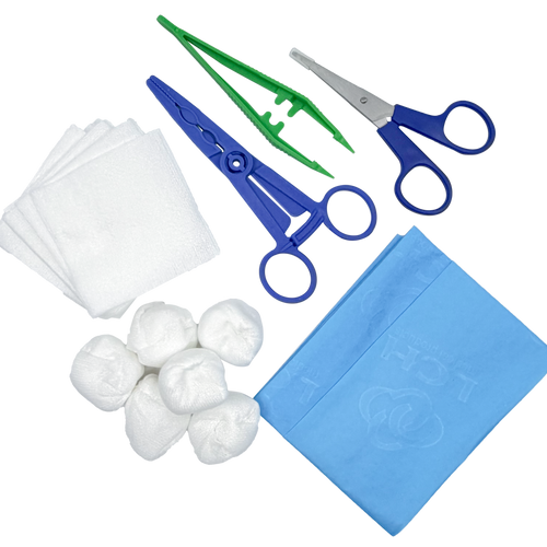 Set de pansement avec pinces, ciseaux et compresses – Carton de 5 sets