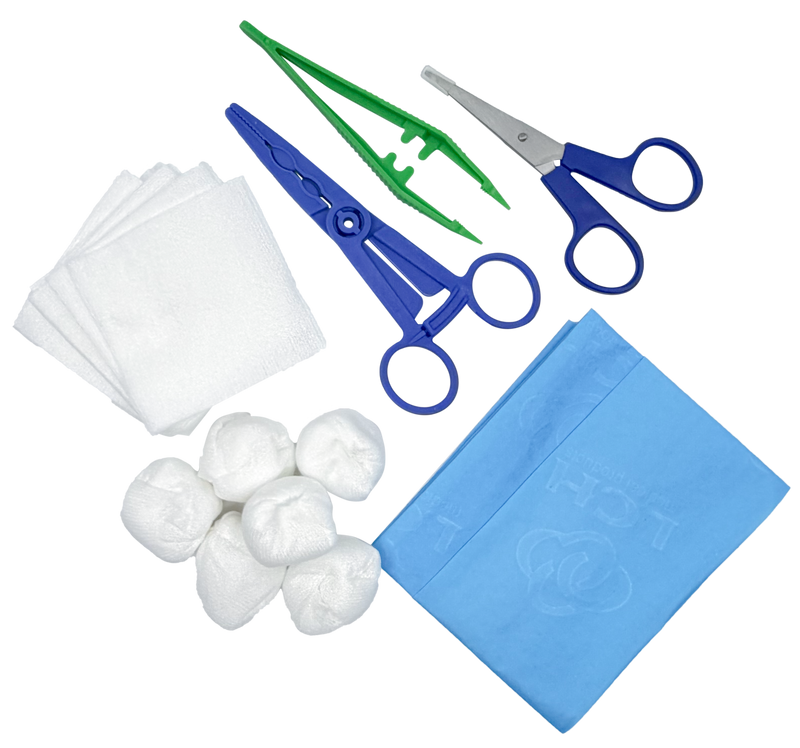 Set de pansement avec pinces, ciseaux et compresses – Carton de 5 sets