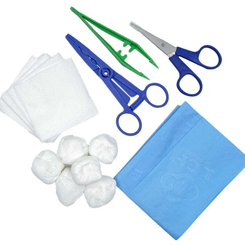 Set de pansement avec pinces, ciseaux et compresses – Carton de 5 sets