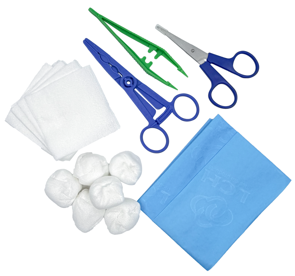 Set de pansement avec pinces, ciseaux et compresses – Carton de 5 sets