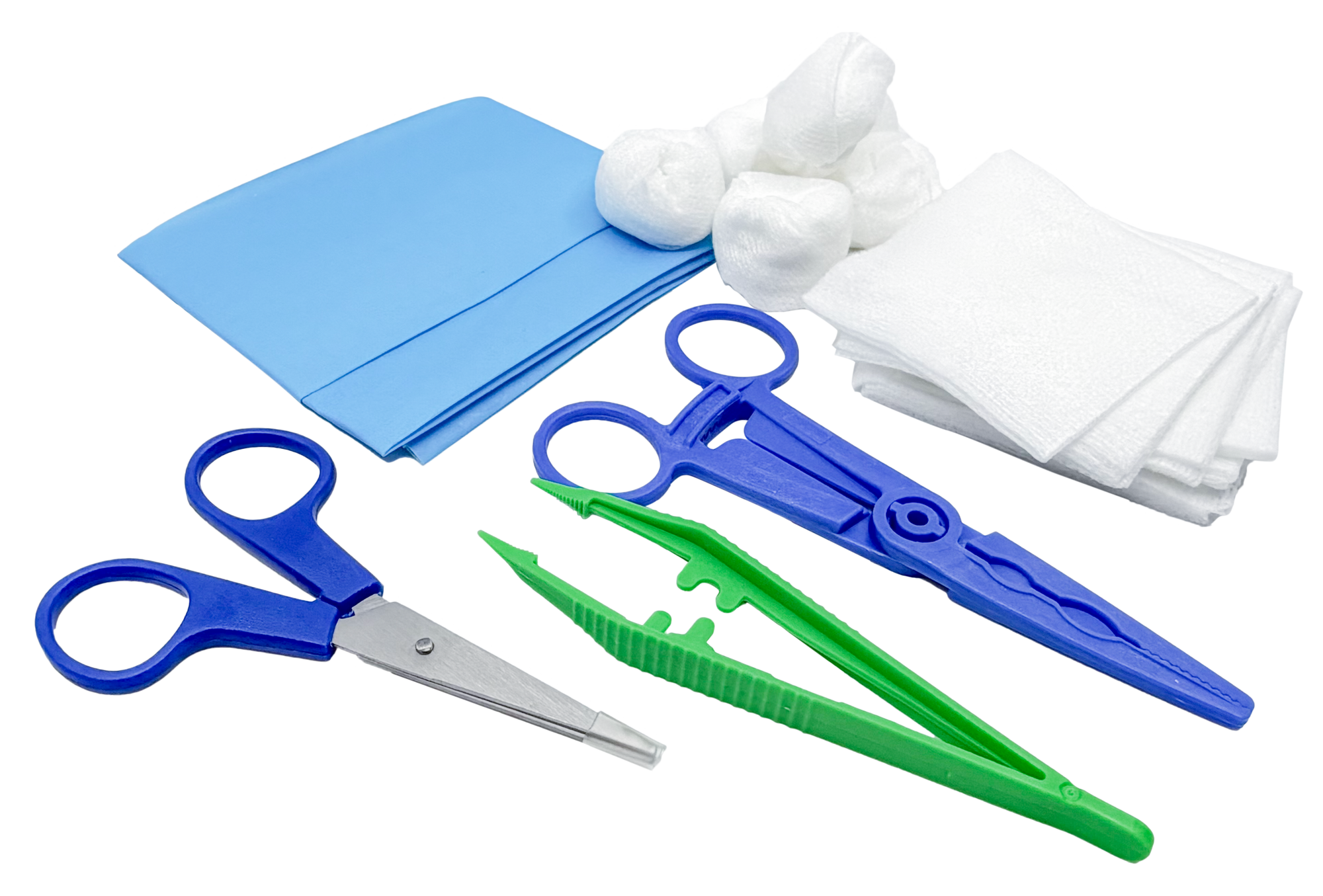Set de pansement avec pinces, ciseaux et compresses – Carton de 5 sets