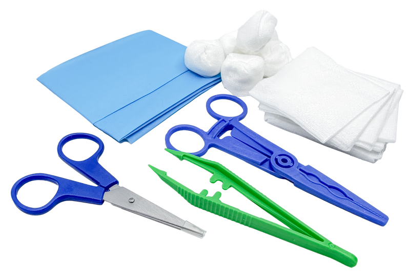 Set de pansement avec pinces, ciseaux et compresses – Carton de 5 sets