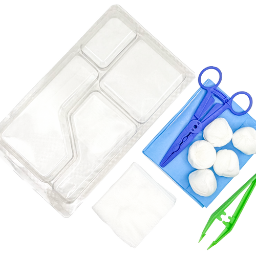 Set de pansement avec 3 pinces, compresses et boules de gaze – Carton de 5 sets