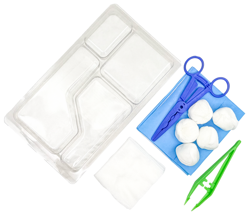 Set de pansement avec 3 pinces, compresses et boules de gaze – Carton de 5 sets