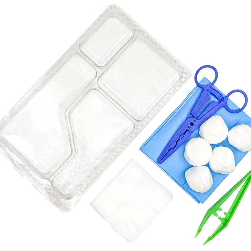 Set de pansement avec 3 pinces, compresses et boules de gaze – Carton de 5 sets