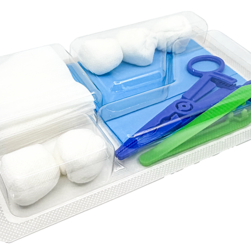 Set de pansement avec 3 pinces, compresses et boules de gaze – Carton de 5 sets