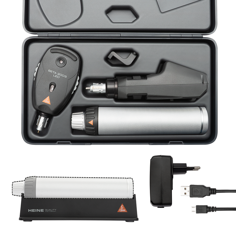 Ophtalmoscope et Skiascope à fente HEINE BETA200S/200 LED, poignée rechargeable, câble USB et bloc d'alimentation